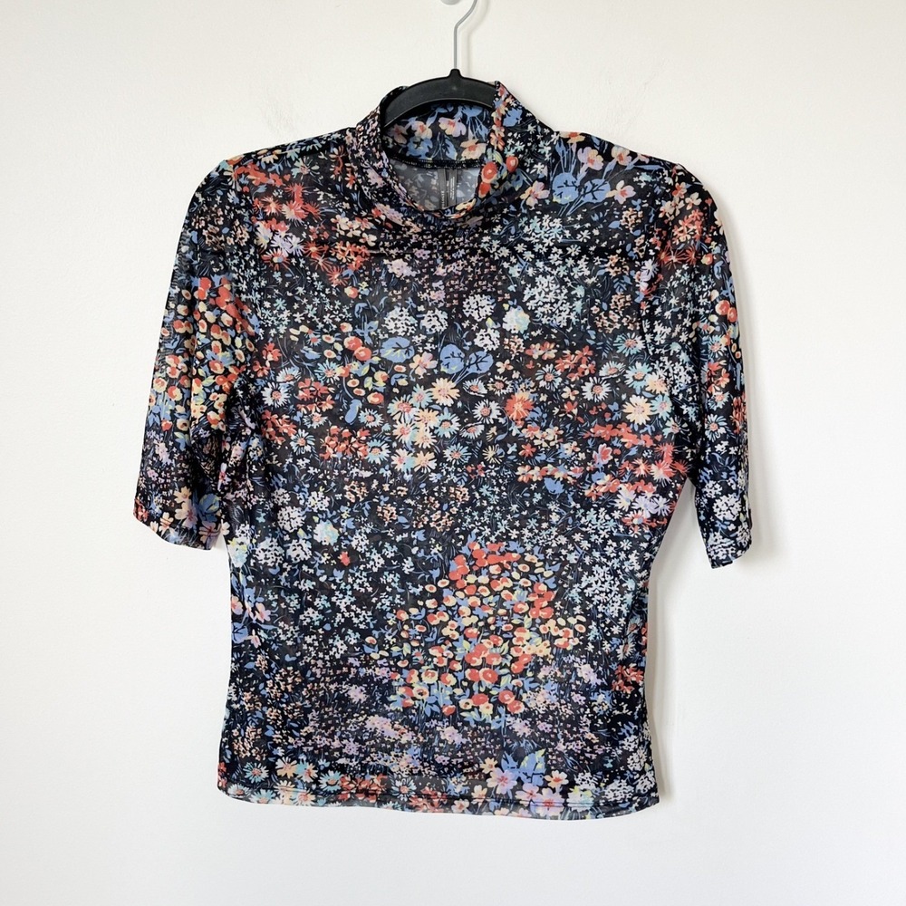 Anthropologie Floral Mesh Mock Neck Top Black Multi Medium ASO Kelly Clarkson - Picture 3 of 11